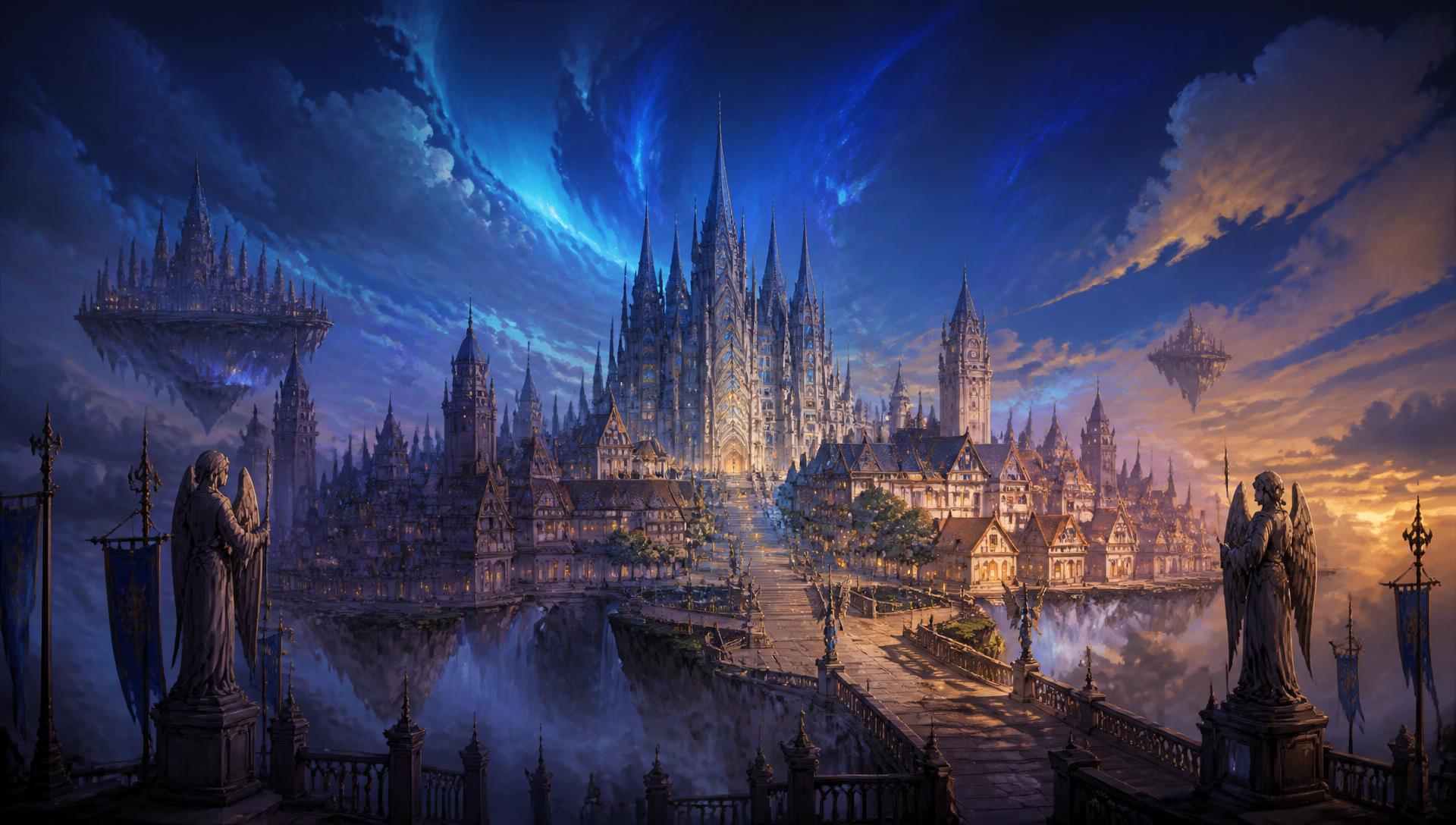 Cité fantastique de Prontera au crépuscule