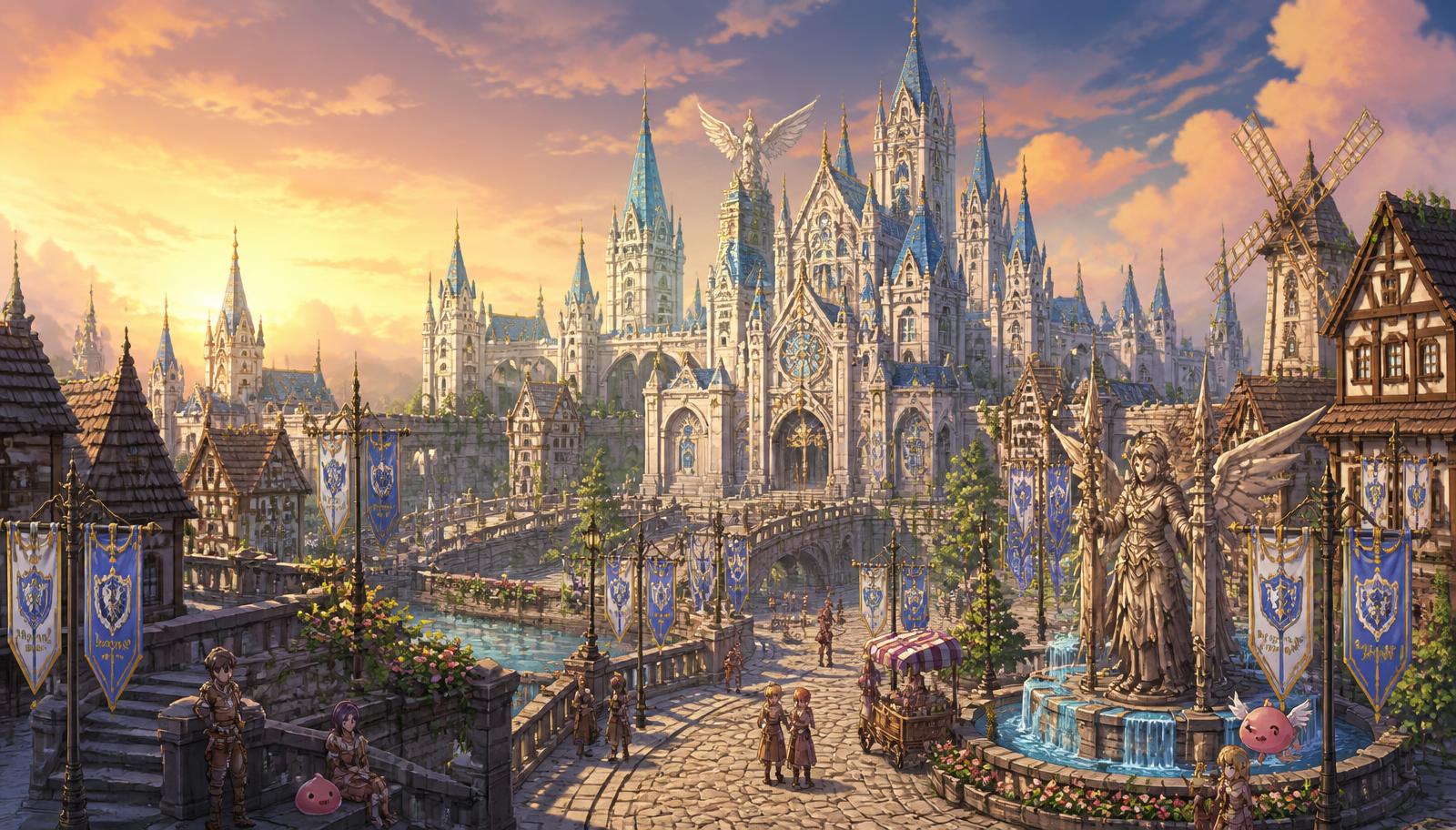 La ville de Prontera dans Ragnarok Online au coucher du soleil